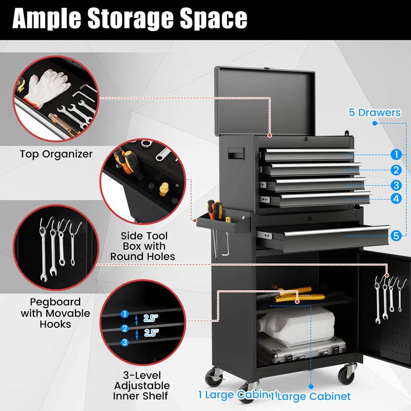 2 in 1 Rolling Tool Chest, 5-Drawer Tool Storage Cabinet with Wheels, Adjustable Shelf, Tool Box Organizer for Garage Warehouse Workshop