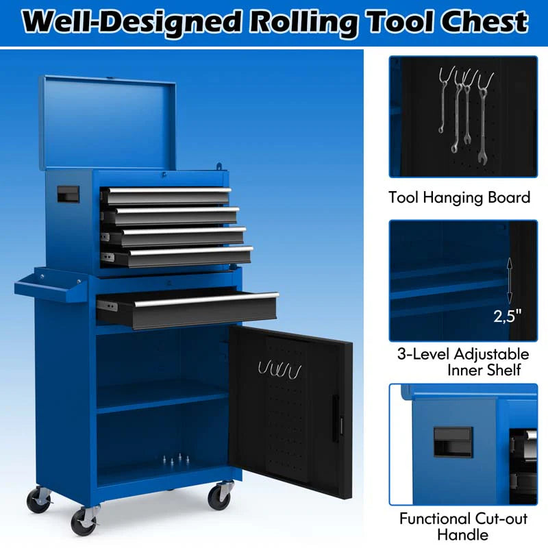2 in 1 Rolling Tool Chest, 5-Drawer Tool Storage Cabinet with Wheels, Adjustable Shelf, Tool Box Organizer for Garage Warehouse Workshop