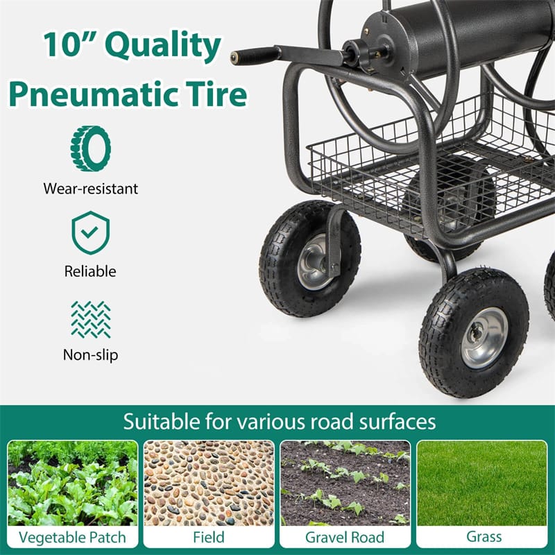 Portable Garden Hose Reel Cart Holds 300FT of 5/8" Large Capacity, Heavy Duty Metal Hose Cart with 4 Wheels & Storage Basket for Lawn Yard
