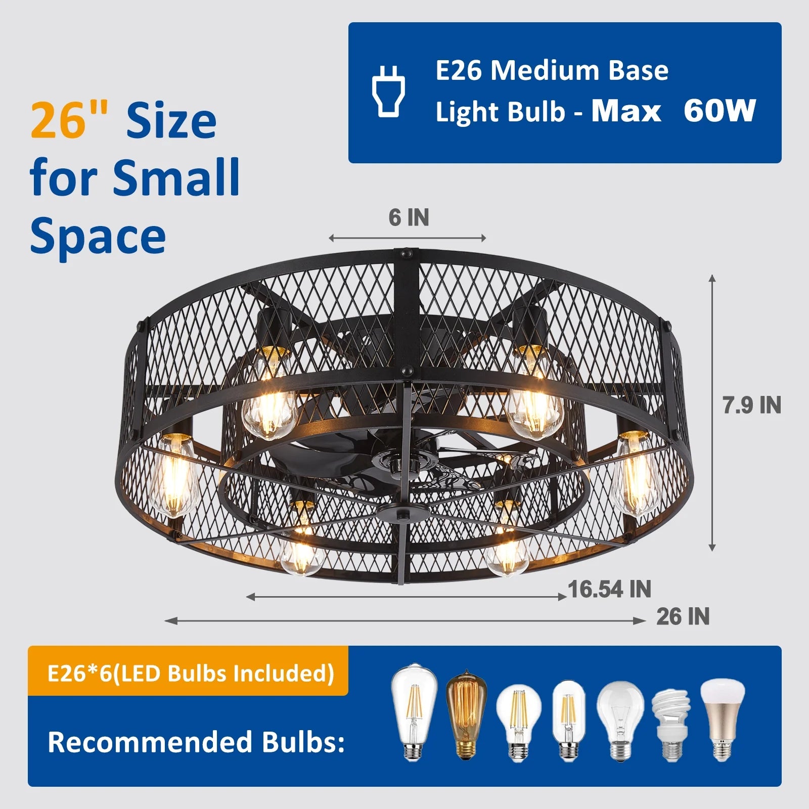 26 Inch Farmhouse Caged Ceiling Fan with Light, Remote & APP Control Quiet DC Motor E26 Bulbs Included Black