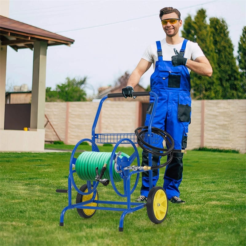 Garden Hose Reel Cart Holds 230FT of 5/8" Hose, Heavy Duty Hose Cart with 2 Wheels & Storage Basket, Portable Water Hose Organizer for Yard