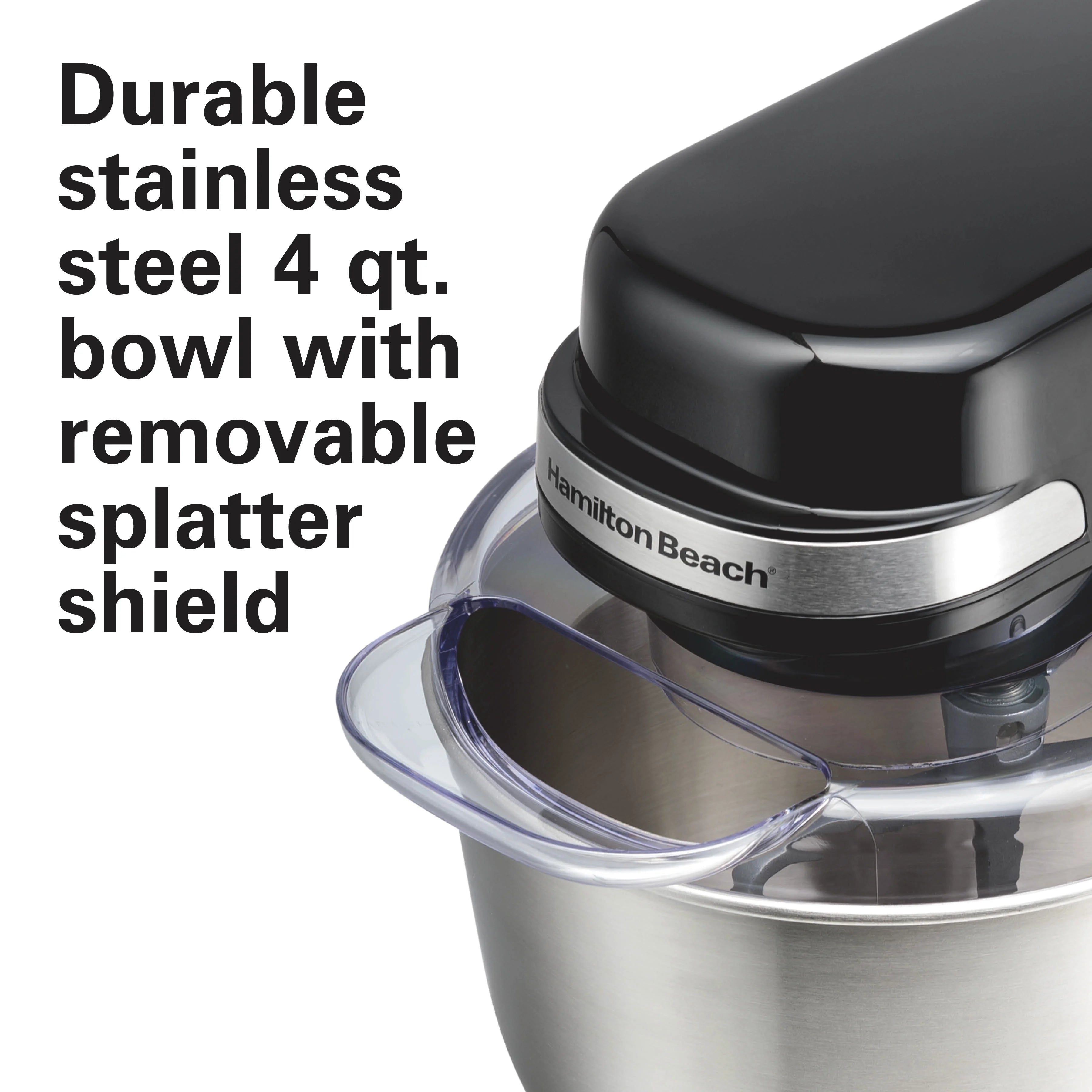Hamilton Beach 4 Quart Stand Mixer for Kitchen, 7 Speeds, Tilt Head, Dough Hook, Whisk & Flat Beater, White