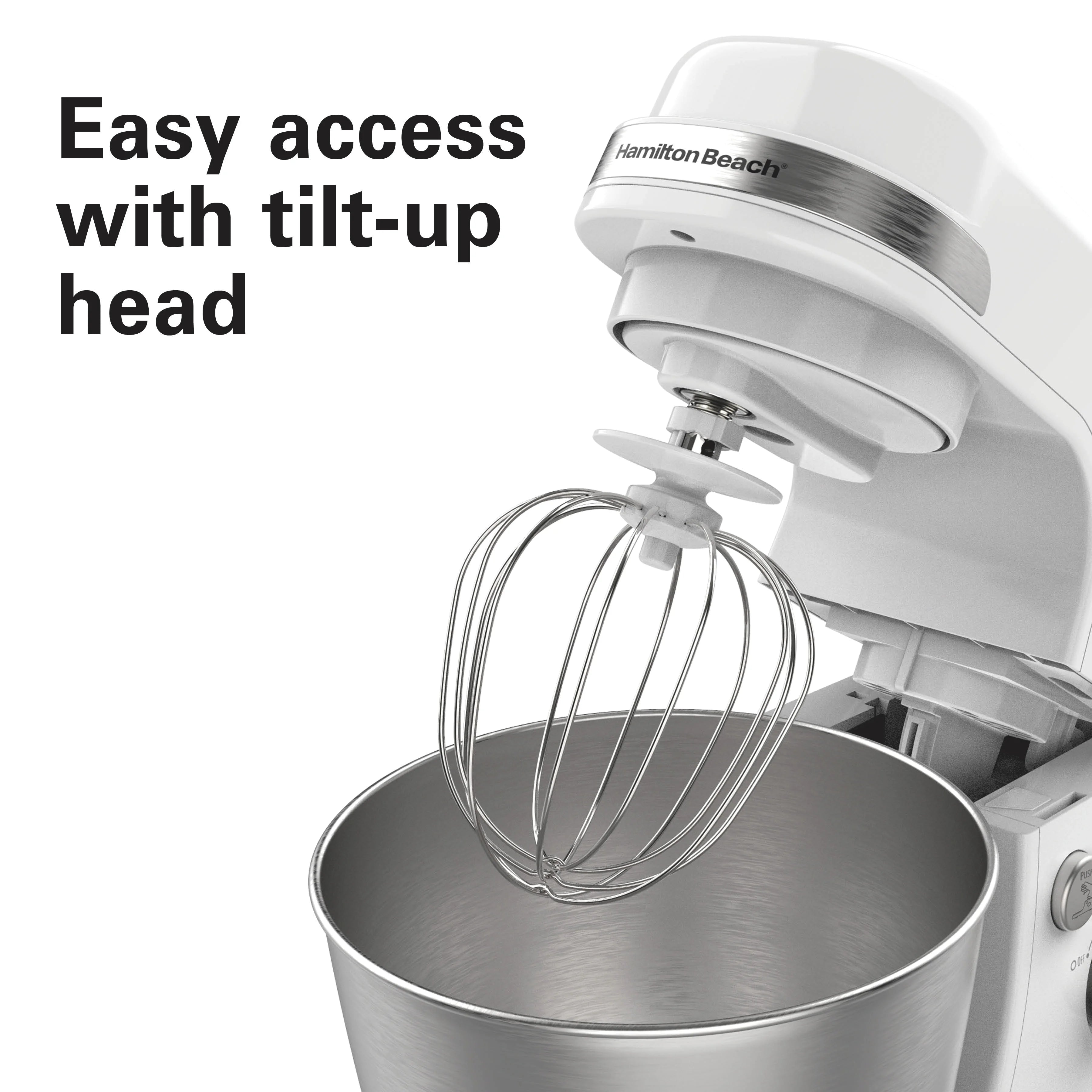 Hamilton Beach 4 Quart Stand Mixer for Kitchen, 7 Speeds, Tilt Head, Dough Hook, Whisk & Flat Beater, White