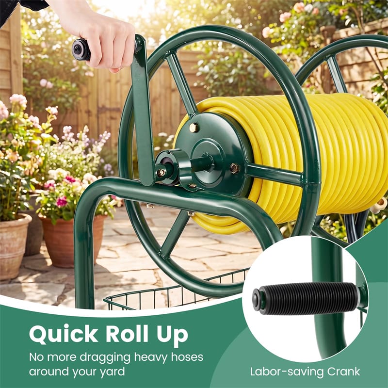 Portable Garden Hose Reel Cart Holds 300FT of 5/8" Large Capacity, Heavy Duty Metal Hose Cart with 4 Wheels & Storage Basket for Lawn Yard