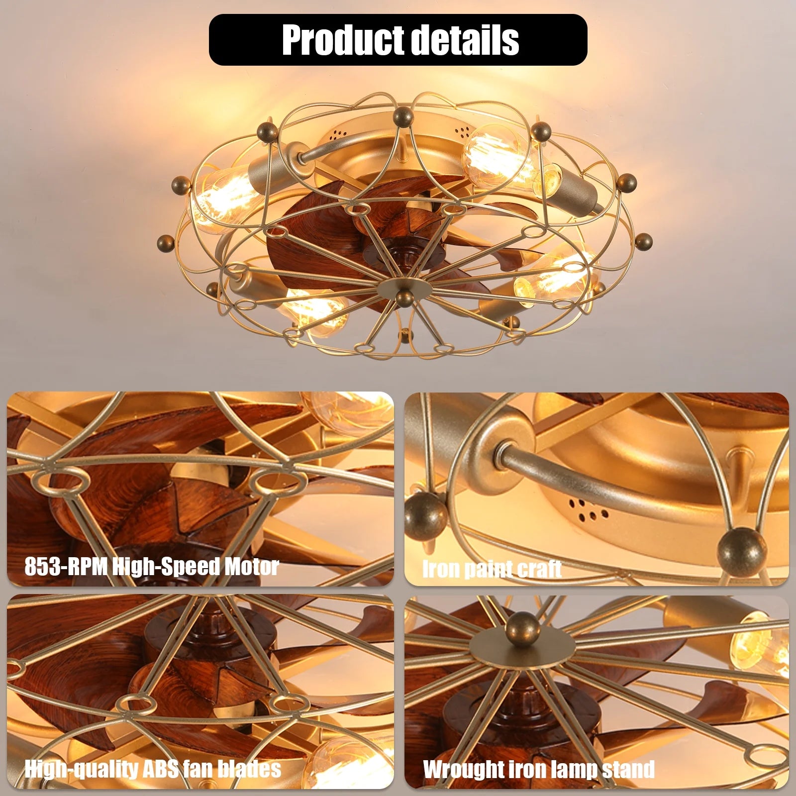 Industrial Cage Ceiling Fan Low Profile 7 Blade Fan with Remote & Light Modern Rustic Cooling for Small Spaces