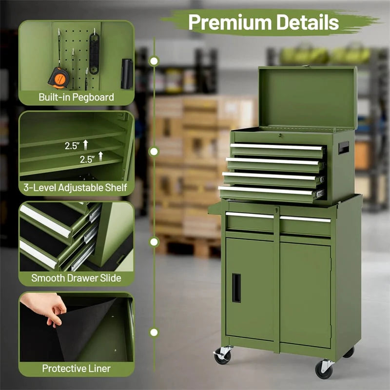 2 in 1 Rolling Tool Chest, 5-Drawer Tool Storage Cabinet with Wheels, Adjustable Shelf, Tool Box Organizer for Garage Warehouse Workshop