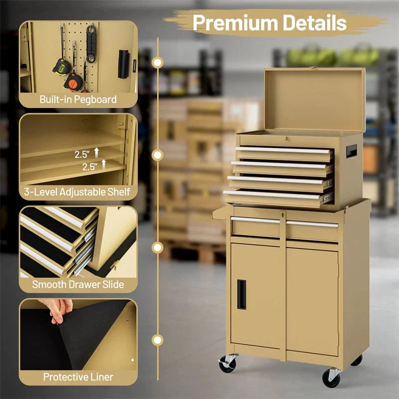 2 in 1 Rolling Tool Chest, 5-Drawer Tool Storage Cabinet with Wheels, Adjustable Shelf, Tool Box Organizer for Garage Warehouse Workshop