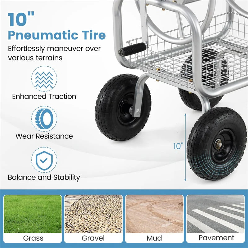 Portable Garden Hose Reel Cart Holds 300FT of 5/8" Large Capacity, Heavy Duty Metal Hose Cart with 4 Wheels & Storage Basket for Lawn Yard