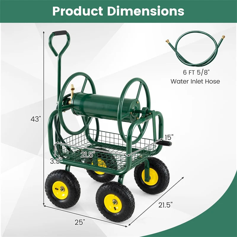 Portable Garden Hose Reel Cart Holds 300FT of 5/8" Large Capacity, Heavy Duty Metal Hose Cart with 4 Wheels & Storage Basket for Lawn Yard
