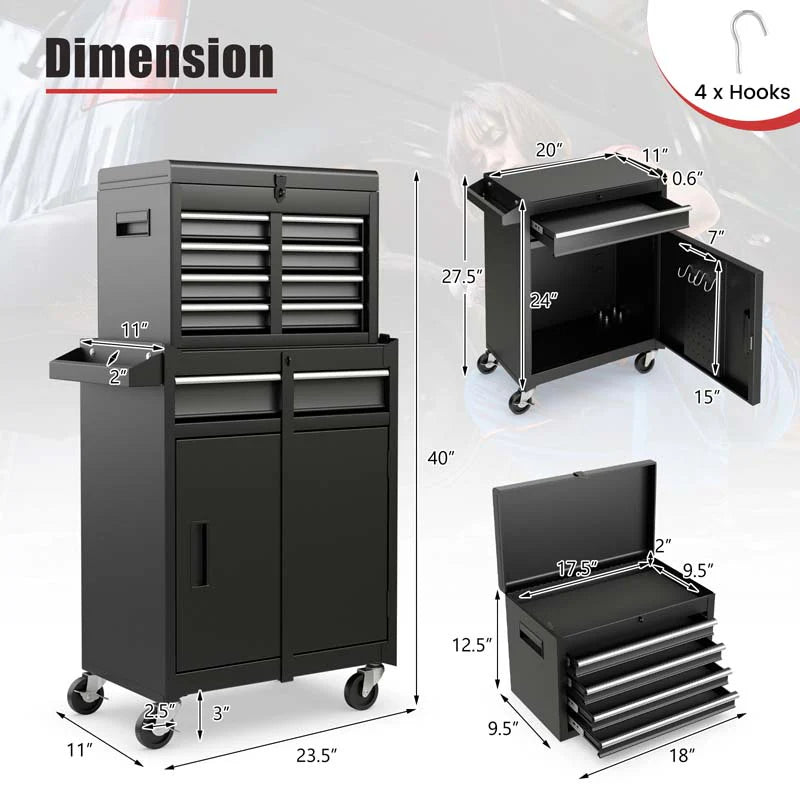 2 in 1 Rolling Tool Chest, 5-Drawer Tool Storage Cabinet with Wheels, Adjustable Shelf, Tool Box Organizer for Garage Warehouse Workshop