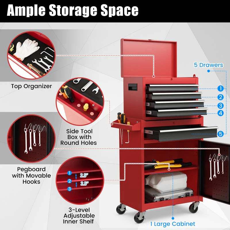 2 in 1 Rolling Tool Chest, 5-Drawer Tool Storage Cabinet with Wheels, Adjustable Shelf, Tool Box Organizer for Garage Warehouse Workshop