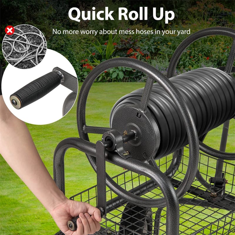 Portable Garden Hose Reel Cart Holds 300FT of 5/8" Large Capacity, Heavy Duty Metal Hose Cart with 4 Wheels & Storage Basket for Lawn Yard
