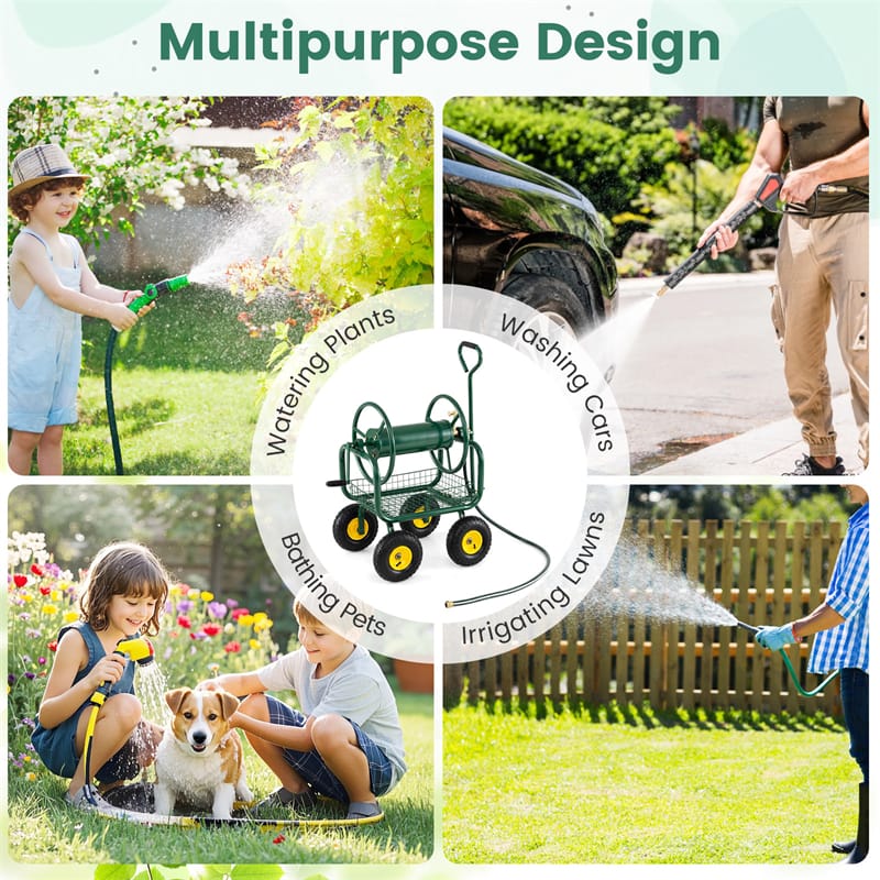 Portable Garden Hose Reel Cart Holds 300FT of 5/8" Large Capacity, Heavy Duty Metal Hose Cart with 4 Wheels & Storage Basket for Lawn Yard