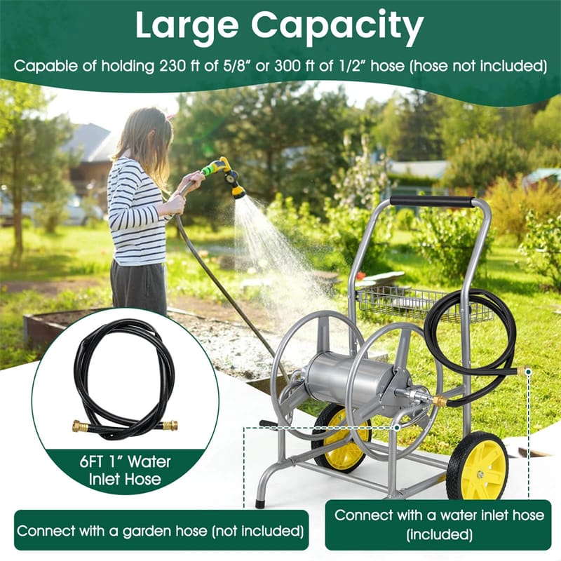 Garden Hose Reel Cart Holds 230FT of 5/8" Hose, Heavy Duty Hose Cart with 2 Wheels & Storage Basket, Portable Water Hose Organizer for Yard