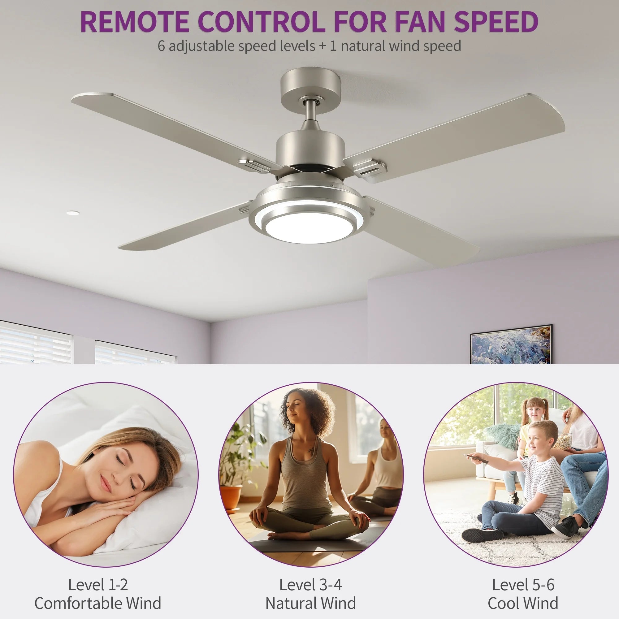 Dextrus 52'' Ceiling Fan with Light and Remote Control, 6 Speeds, 5 Timer Settings, and Dual Finish Blades (Nickel)