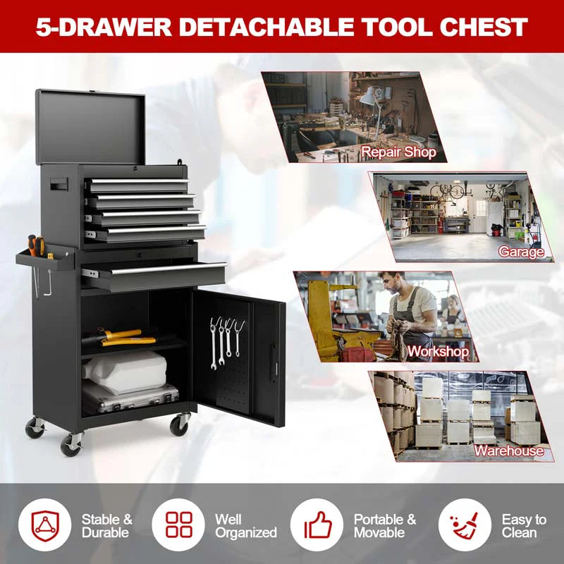 2 in 1 Rolling Tool Chest, 5-Drawer Tool Storage Cabinet with Wheels, Adjustable Shelf, Tool Box Organizer for Garage Warehouse Workshop