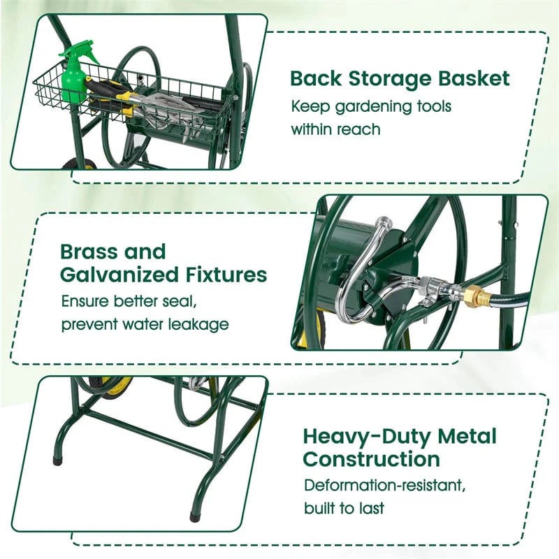 Garden Hose Reel Cart Holds 230FT of 5/8" Hose, Heavy Duty Hose Cart with 2 Wheels & Storage Basket, Portable Water Hose Organizer for Yard