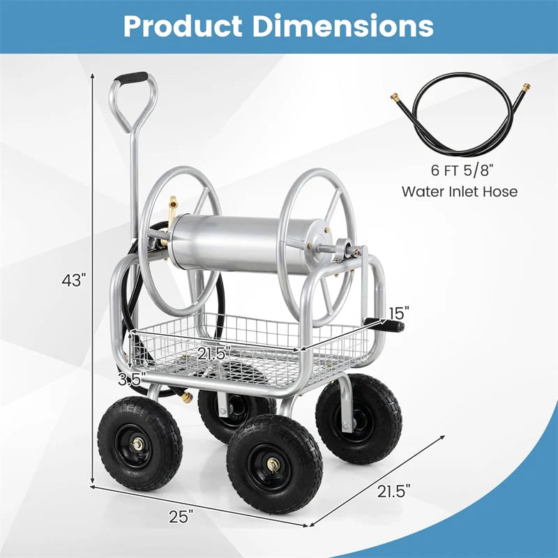 Portable Garden Hose Reel Cart Holds 300FT of 5/8" Large Capacity, Heavy Duty Metal Hose Cart with 4 Wheels & Storage Basket for Lawn Yard