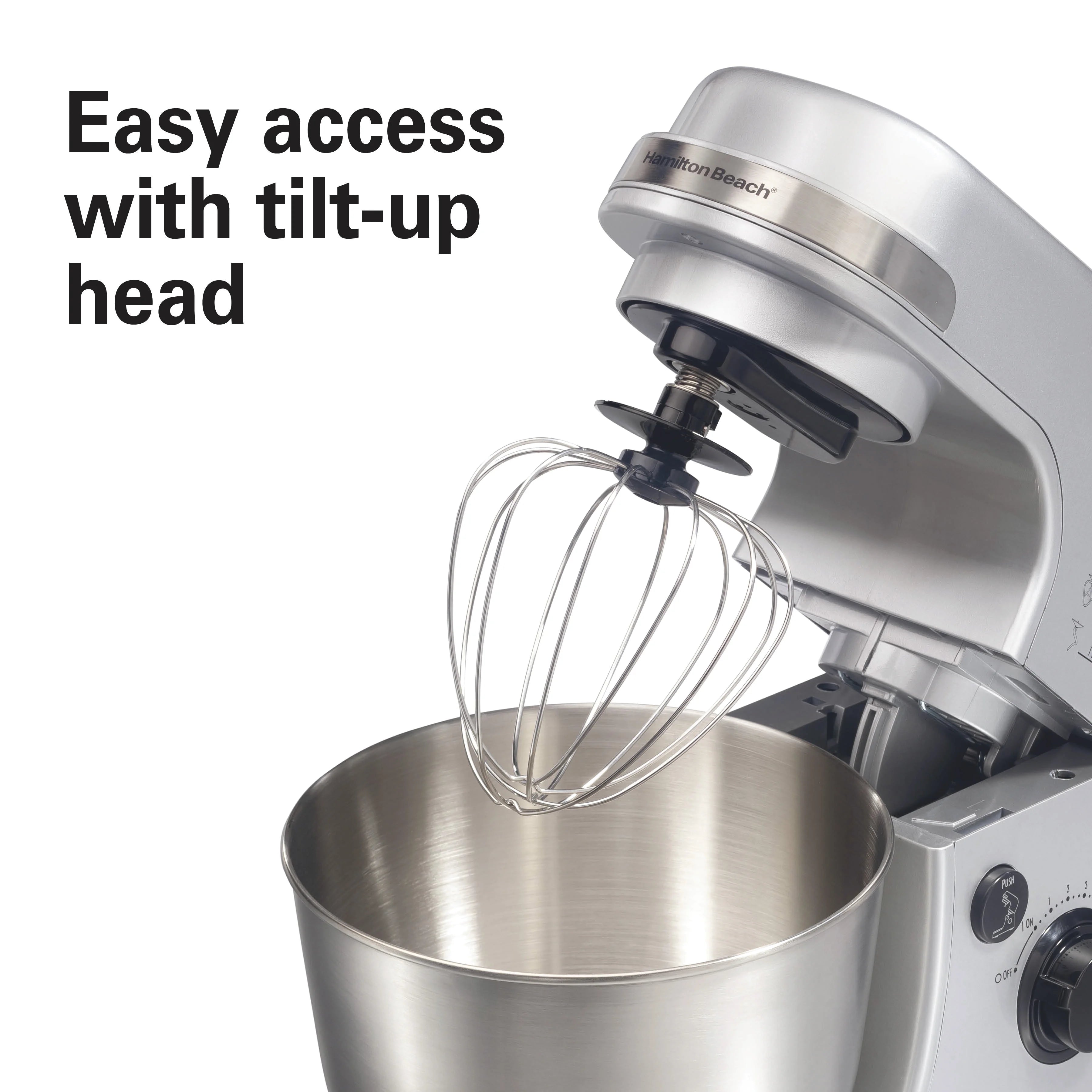 Hamilton Beach 4 Quart Stand Mixer for Kitchen, 7 Speeds, Tilt Head, Dough Hook, Whisk & Flat Beater, White