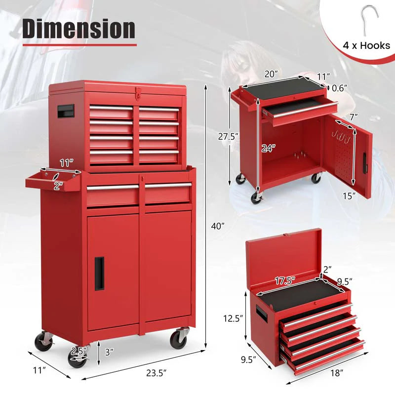 2 in 1 Rolling Tool Chest, 5-Drawer Tool Storage Cabinet with Wheels, Adjustable Shelf, Tool Box Organizer for Garage Warehouse Workshop