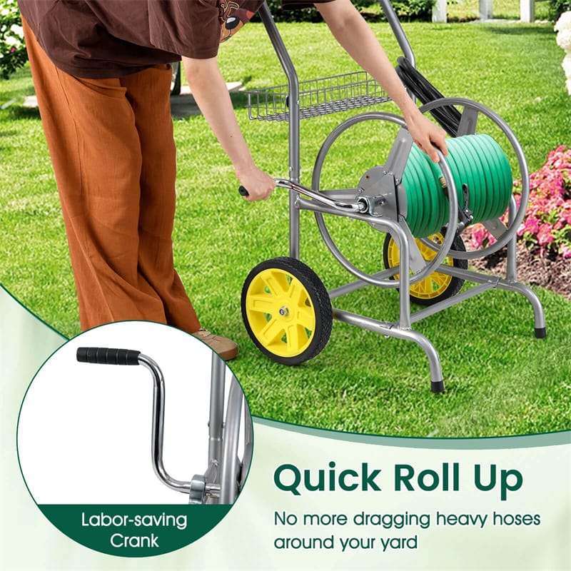 Garden Hose Reel Cart Holds 230FT of 5/8" Hose, Heavy Duty Hose Cart with 2 Wheels & Storage Basket, Portable Water Hose Organizer for Yard