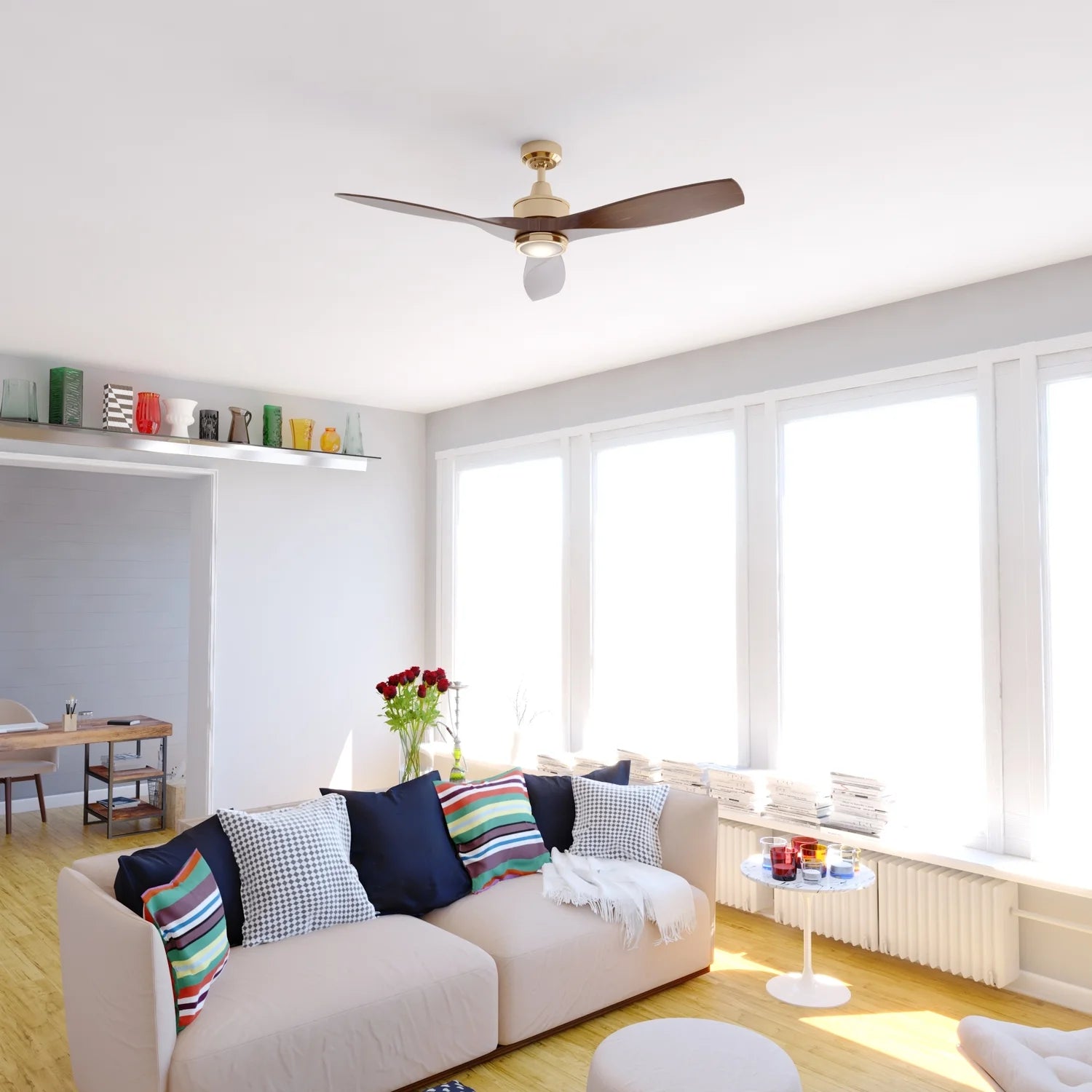 Vaxcel Curtiss Satin Brass Mid Century Modern MCM Wood Propeller Ceiling Fan with LED Light Kit and Remote