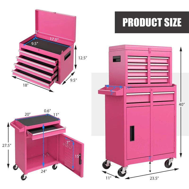 2 in 1 Rolling Tool Chest, 5-Drawer Tool Storage Cabinet with Wheels, Adjustable Shelf, Tool Box Organizer for Garage Warehouse Workshop
