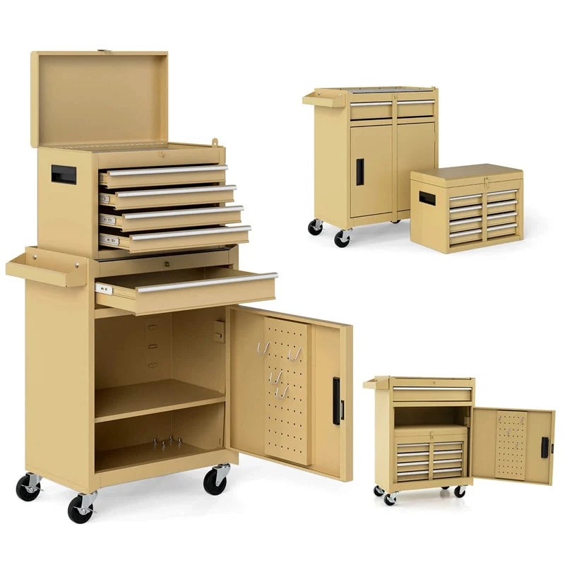 2 in 1 Rolling Tool Chest, 5-Drawer Tool Storage Cabinet with Wheels, Adjustable Shelf, Tool Box Organizer for Garage Warehouse Workshop