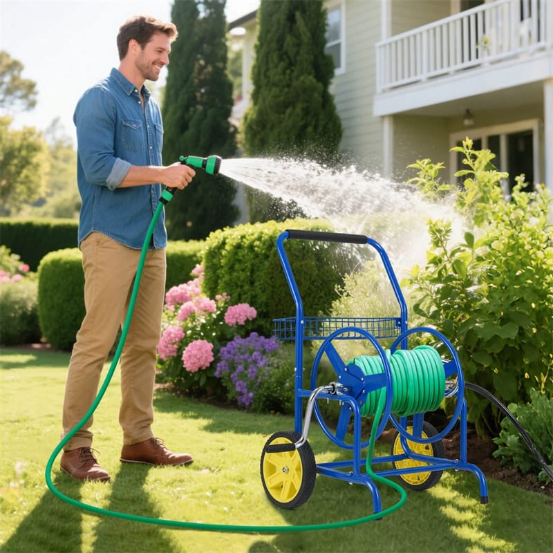 Garden Hose Reel Cart Holds 230FT of 5/8" Hose, Heavy Duty Hose Cart with 2 Wheels & Storage Basket, Portable Water Hose Organizer for Yard