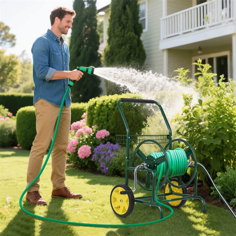 Garden Hose Reel Cart Holds 230FT of 5/8" Hose, Heavy Duty Hose Cart with 2 Wheels & Storage Basket, Portable Water Hose Organizer for Yard