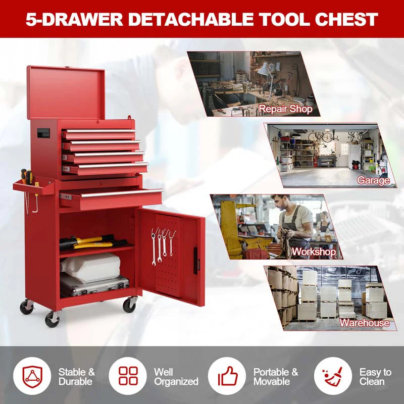 2 in 1 Rolling Tool Chest, 5-Drawer Tool Storage Cabinet with Wheels, Adjustable Shelf, Tool Box Organizer for Garage Warehouse Workshop