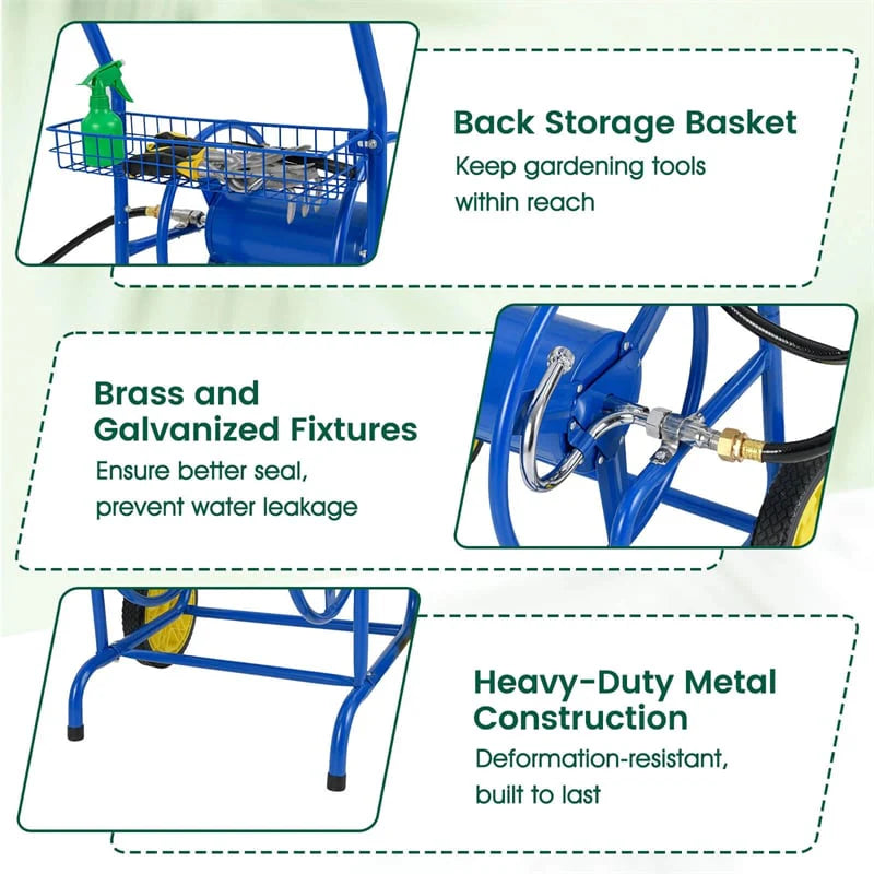 Garden Hose Reel Cart Holds 230FT of 5/8" Hose, Heavy Duty Hose Cart with 2 Wheels & Storage Basket, Portable Water Hose Organizer for Yard