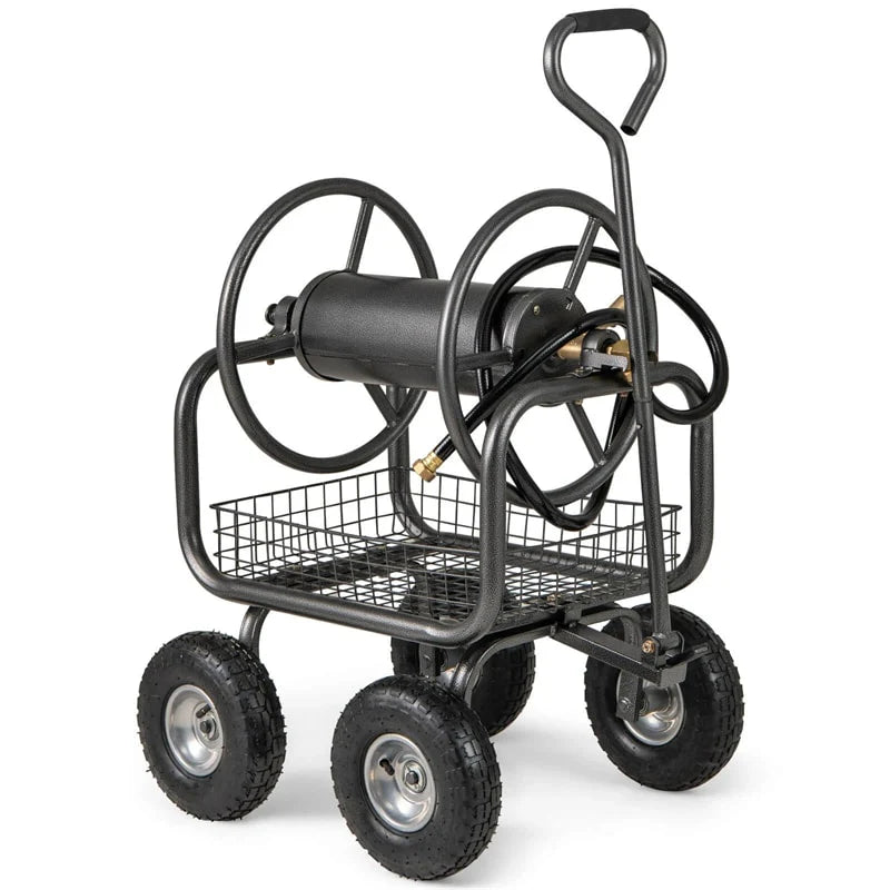 Portable Garden Hose Reel Cart Holds 300FT of 5/8" Large Capacity, Heavy Duty Metal Hose Cart with 4 Wheels & Storage Basket for Lawn Yard
