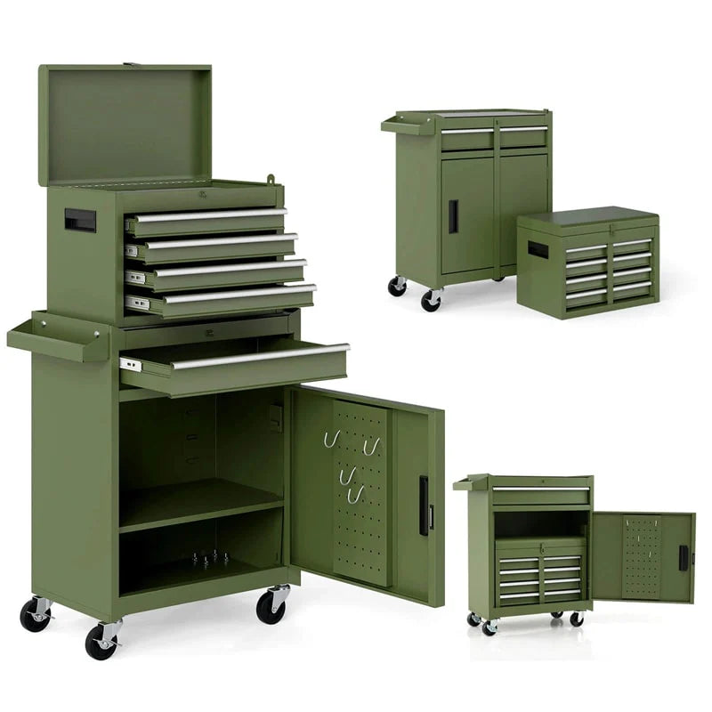 2 in 1 Rolling Tool Chest, 5-Drawer Tool Storage Cabinet with Wheels, Adjustable Shelf, Tool Box Organizer for Garage Warehouse Workshop
