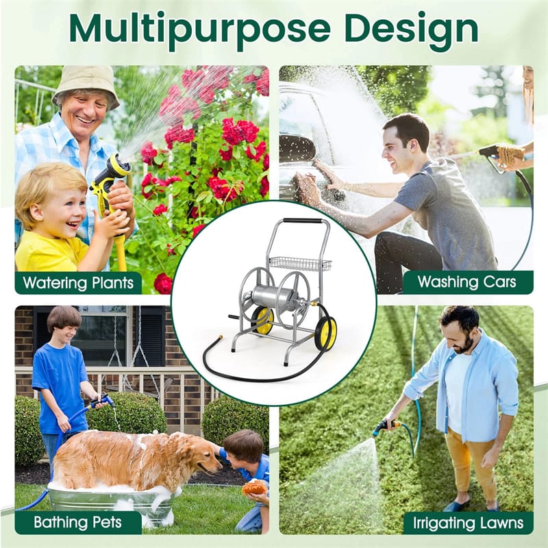 Garden Hose Reel Cart Holds 230FT of 5/8" Hose, Heavy Duty Hose Cart with 2 Wheels & Storage Basket, Portable Water Hose Organizer for Yard