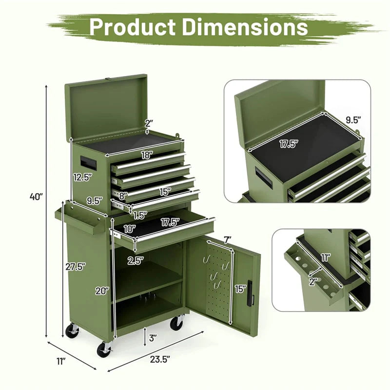 2 in 1 Rolling Tool Chest, 5-Drawer Tool Storage Cabinet with Wheels, Adjustable Shelf, Tool Box Organizer for Garage Warehouse Workshop