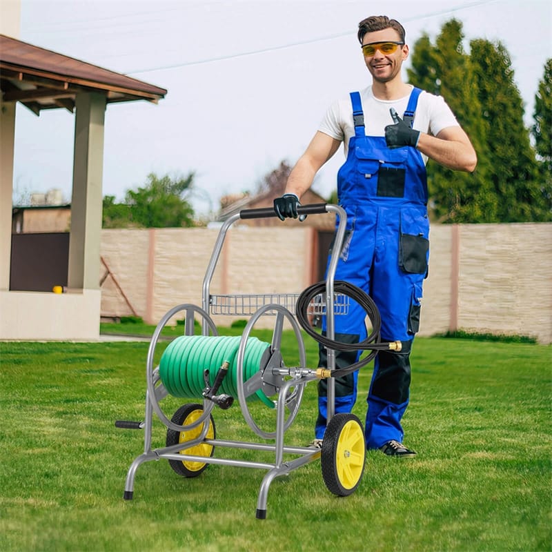 Garden Hose Reel Cart Holds 230FT of 5/8" Hose, Heavy Duty Hose Cart with 2 Wheels & Storage Basket, Portable Water Hose Organizer for Yard