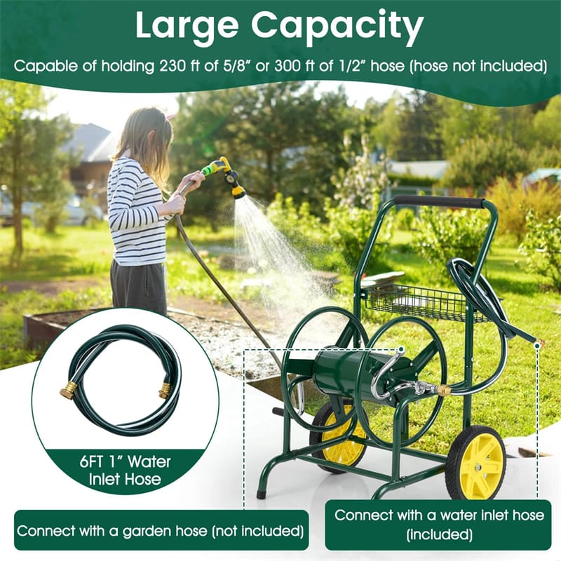 Garden Hose Reel Cart Holds 230FT of 5/8" Hose, Heavy Duty Hose Cart with 2 Wheels & Storage Basket, Portable Water Hose Organizer for Yard