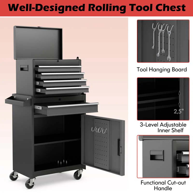 2 in 1 Rolling Tool Chest, 5-Drawer Tool Storage Cabinet with Wheels, Adjustable Shelf, Tool Box Organizer for Garage Warehouse Workshop