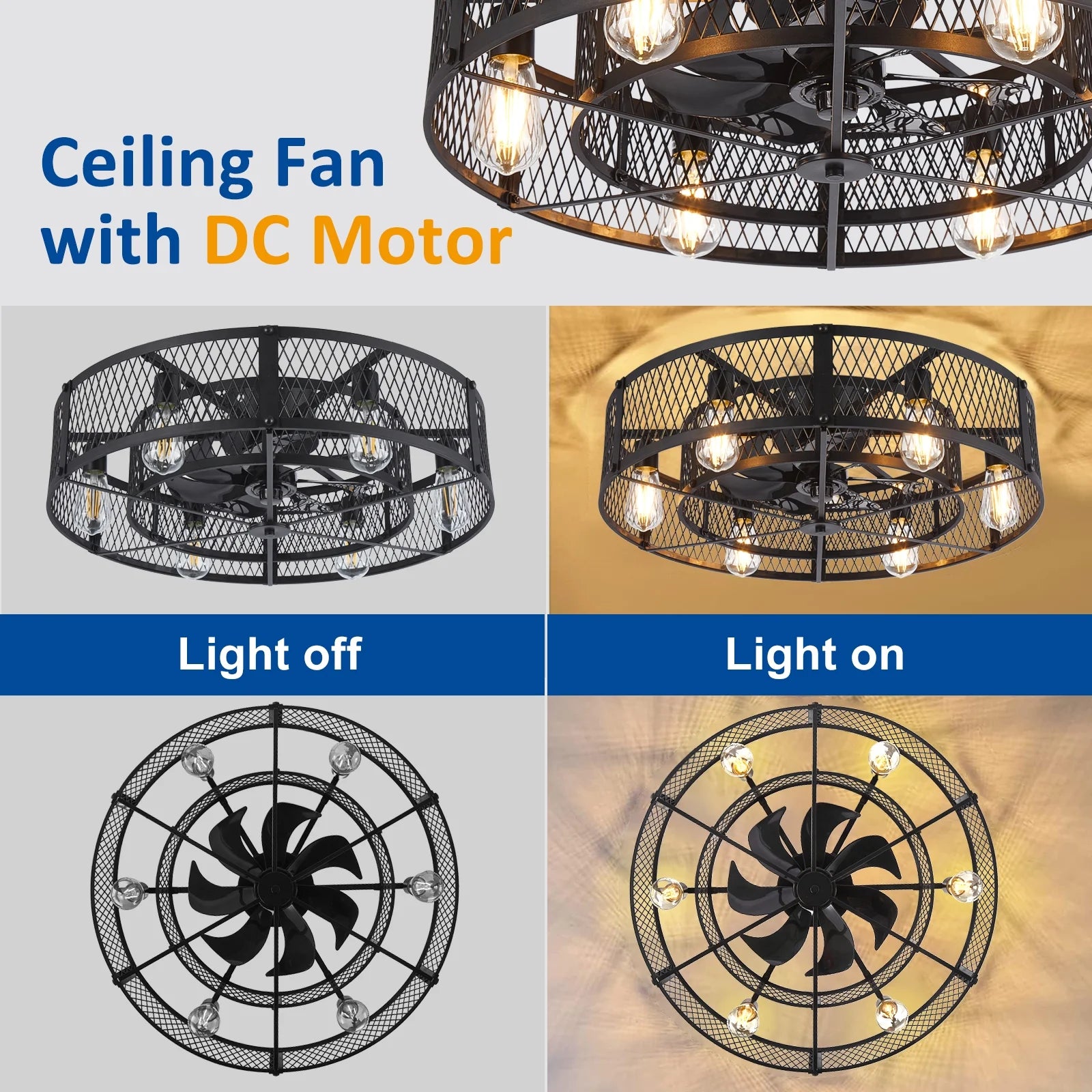 26 Inch Farmhouse Caged Ceiling Fan with Light, Remote & APP Control Quiet DC Motor E26 Bulbs Included Black