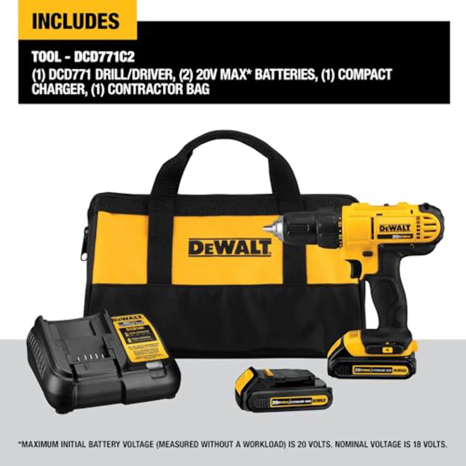 DEWALT 20V Max Cordless Drill/Driver Kit, Compact, 1/2 Inch (DCD771C2), Yellow