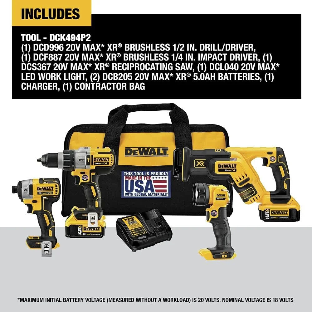 DEWALT 20V MAX XR Cordless Drill Combo Kit, 4 Tool DCK494P2