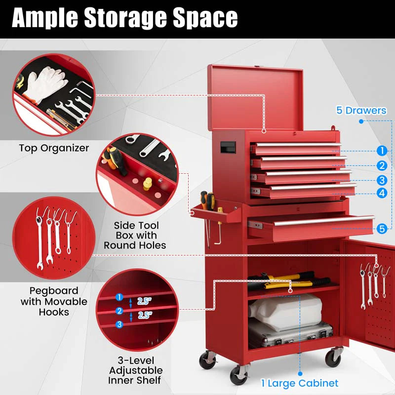 2 in 1 Rolling Tool Chest, 5-Drawer Tool Storage Cabinet with Wheels, Adjustable Shelf, Tool Box Organizer for Garage Warehouse Workshop