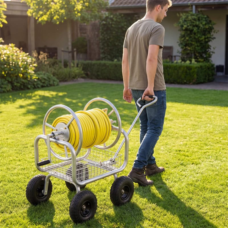 Portable Garden Hose Reel Cart Holds 300FT of 5/8" Large Capacity, Heavy Duty Metal Hose Cart with 4 Wheels & Storage Basket for Lawn Yard