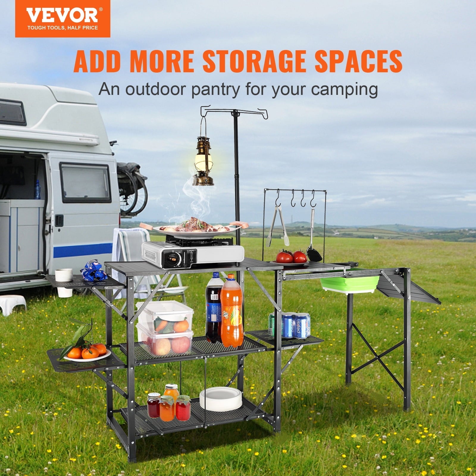Camping Kitchen Table Folding Portable Cook Station Tables Shelves & A Sink