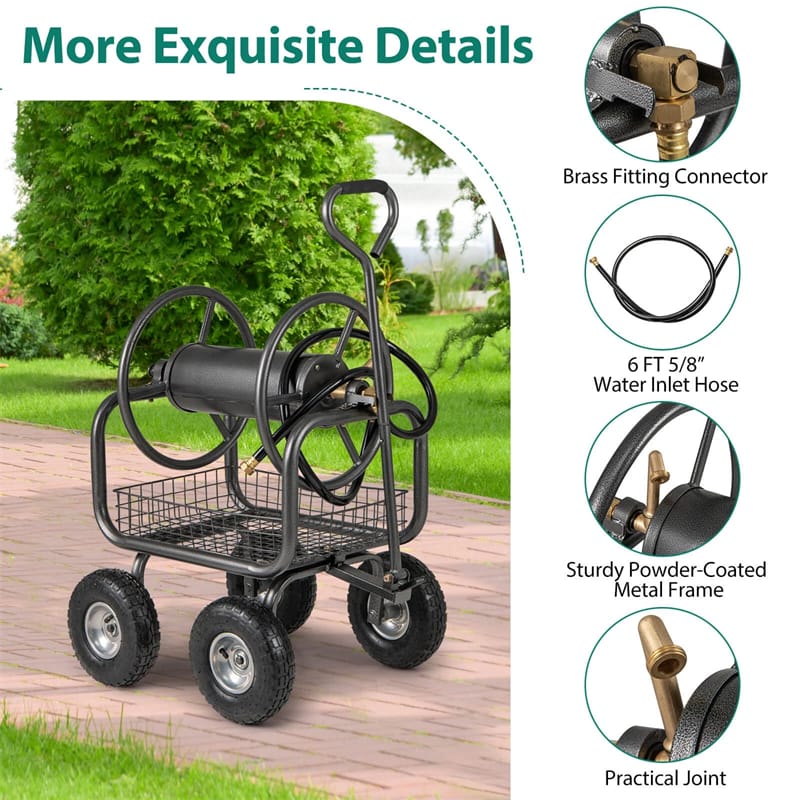 Portable Garden Hose Reel Cart Holds 300FT of 5/8" Large Capacity, Heavy Duty Metal Hose Cart with 4 Wheels & Storage Basket for Lawn Yard