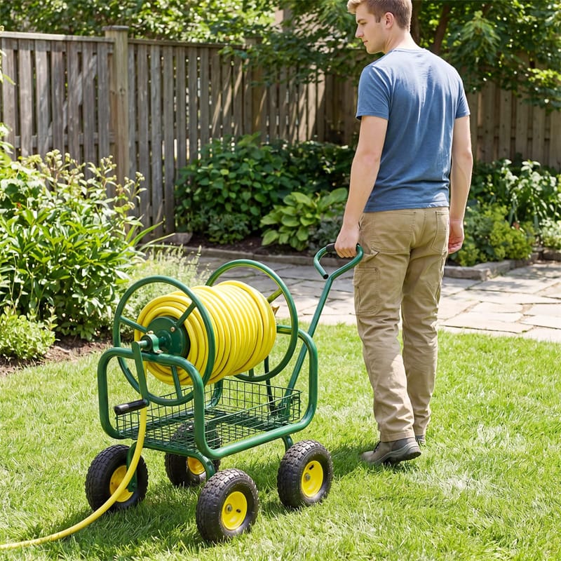 Portable Garden Hose Reel Cart Holds 300FT of 5/8" Large Capacity, Heavy Duty Metal Hose Cart with 4 Wheels & Storage Basket for Lawn Yard