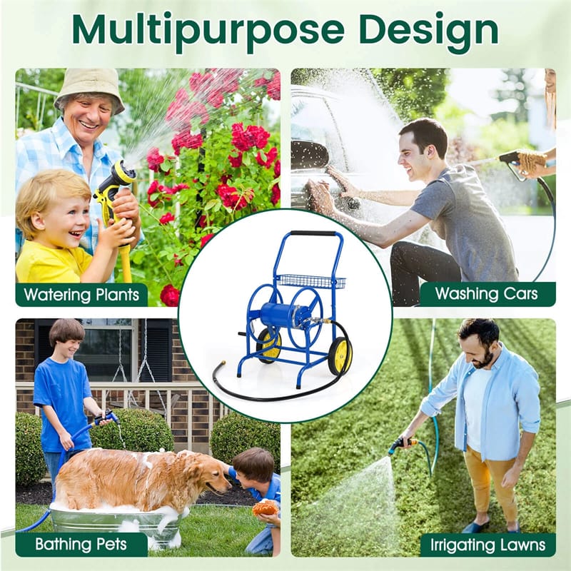 Garden Hose Reel Cart Holds 230FT of 5/8" Hose, Heavy Duty Hose Cart with 2 Wheels & Storage Basket, Portable Water Hose Organizer for Yard