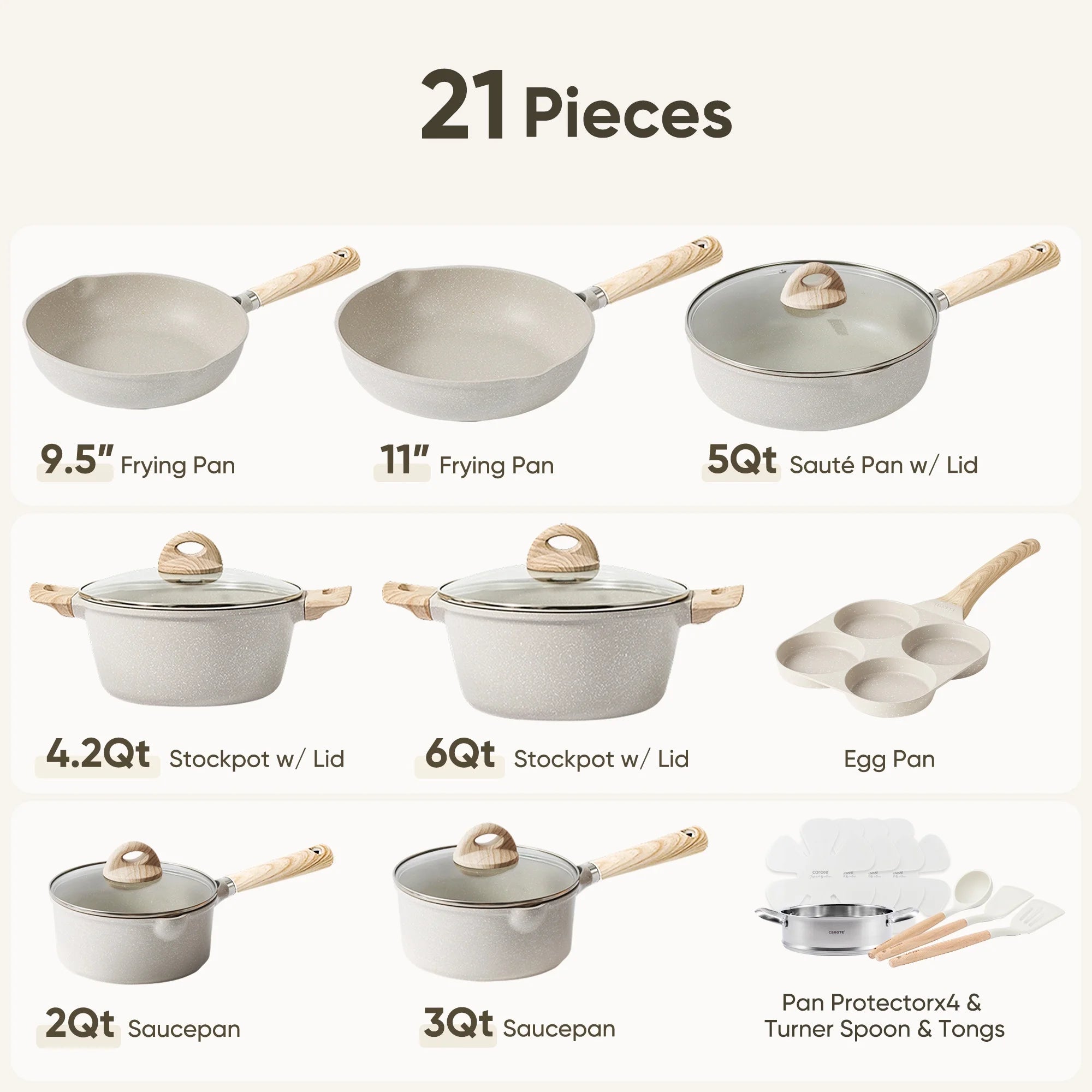 Carote Nonstick Cookware Set 21-Piece, Kitchen Pots and Pans Set, Stay Cool Handles, Induction Compatible, Cookware Set for RV and Camping, Beige