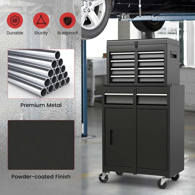 2 in 1 Rolling Tool Chest, 5-Drawer Tool Storage Cabinet with Wheels, Adjustable Shelf, Tool Box Organizer for Garage Warehouse Workshop